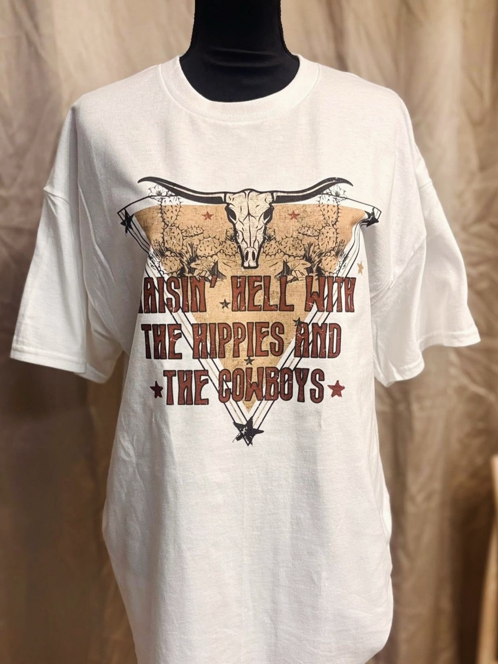 White Graphic Tee - 'Raisin' Hell With The Hippies And The Cowboys'